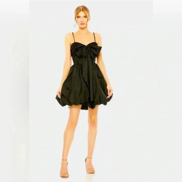 NWT  Mac Duggal Spaghetti Strap Center Bow Balloon Mini Dress in Black Size 4 - Picture 1 of 10